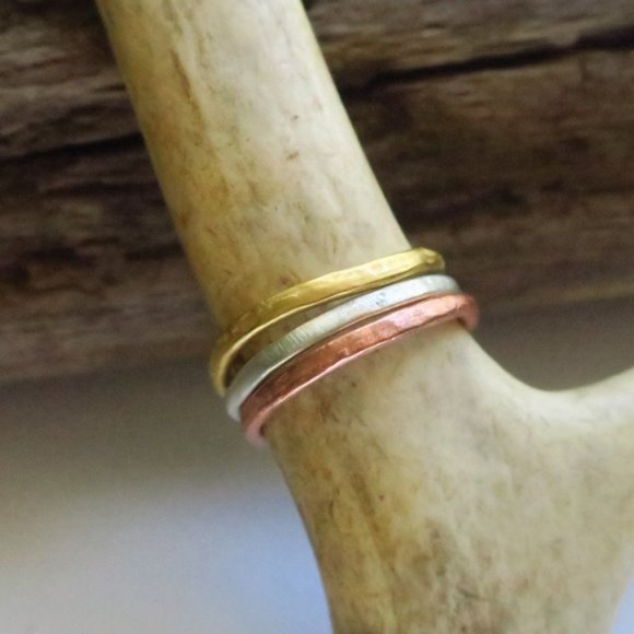 Hammered Ring Set Rose Gold Sterling Silver Boho - Picture 2 of 9